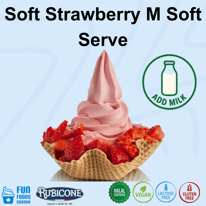 A serving of pink soft strawberry ice cream in a waffle cone, topped with fresh strawberries, on a light blue background with text reading 'Soft Strawberry M Soft Serve' and icons for adding milk and product certifications.