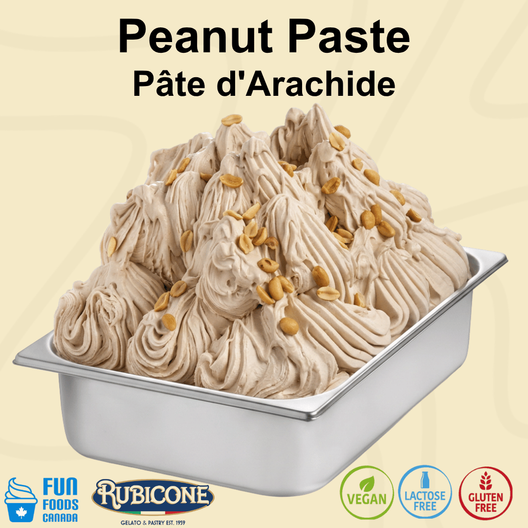 A metal tub filled with peanut paste ice cream topped with chopped peanuts, on a pale beige background with the text 'Peanut Paste Pâte d'Arachide' and Rubicone and Fun Foods Canada branding. Certification badges include: Vegan, lactose-free, and gluten-free