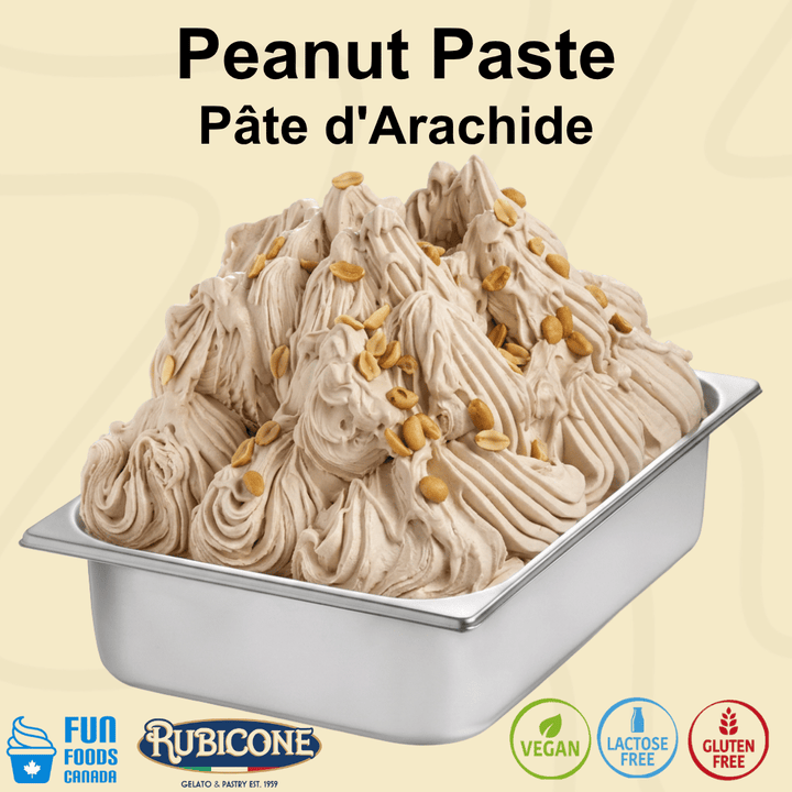 A metal tub filled with peanut paste ice cream topped with chopped peanuts, on a pale beige background with the text 'Peanut Paste Pâte d'Arachide' and Rubicone and Fun Foods Canada branding. Certification badges include: Vegan, lactose-free, and gluten-free