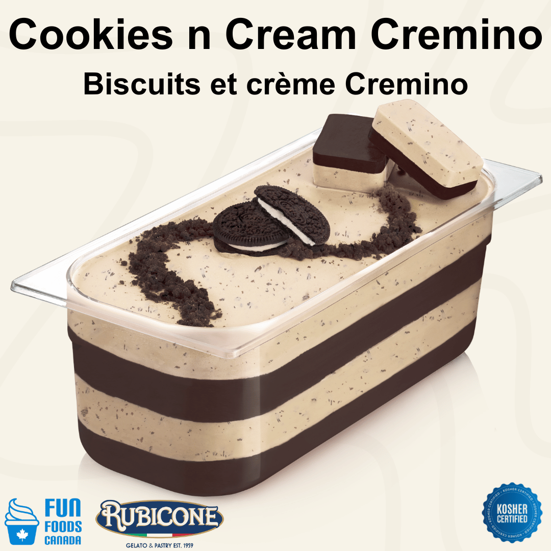 Rubicone Cookies n Cream Cremino for premium gelato layers and textures, featuring layered cookies and cream cremino in a display pan topped with chocolate sandwich cookies, cookie crumbs, and decorative cremino bars. Available in Canada from Fun Foods Canada.