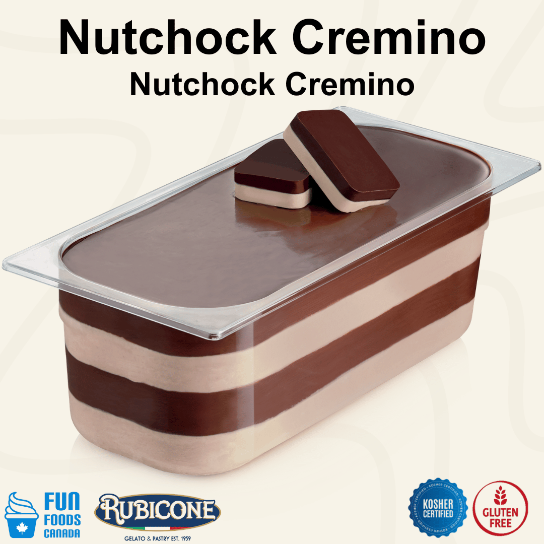 Rubicone Nutchock Cremino for premium gelato layers and textures, featuring layered chocolate and hazelnut cremino in a smooth display pan with decorative cremino bars. Available in Canada from Fun Foods Canada.