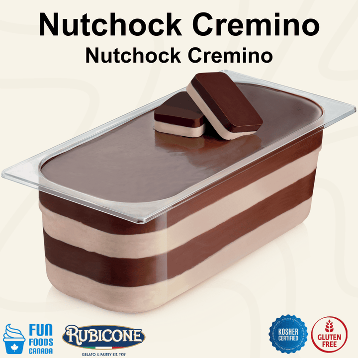 Rubicone Nutchock Cremino for premium gelato layers and textures, featuring layered chocolate and hazelnut cremino in a smooth display pan with decorative cremino bars. Available in Canada from Fun Foods Canada.