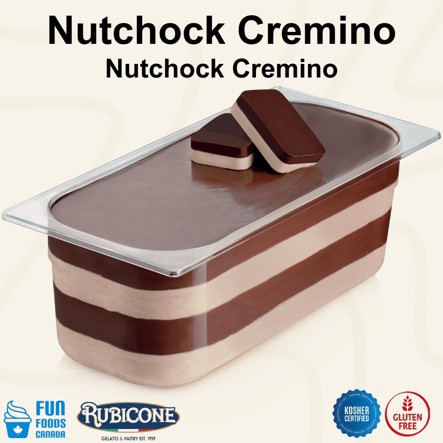 Rubicone Nutchock Cremino for premium gelato layers and textures, featuring layered chocolate and hazelnut cremino in a smooth display pan with decorative cremino bars. Available in Canada from Fun Foods Canada.