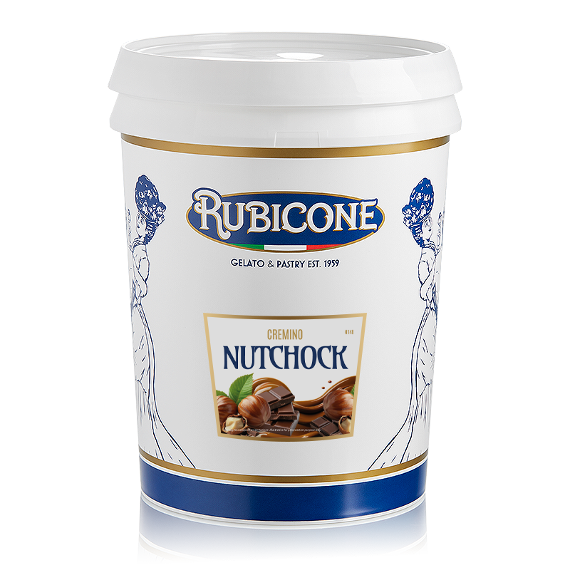 5 KG bucket of Rubicone Chocolate Hazelnut Spreadable Filling Cream, "Cremino Nutchock" on a white background