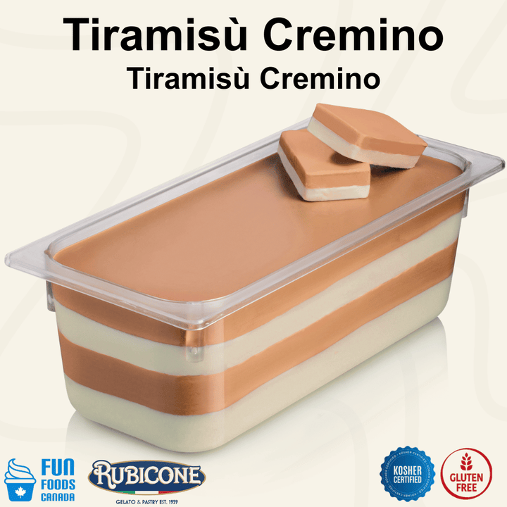 Rubicone Tiramisù Cremino for premium gelato layers and textures, featuring layered tiramisù cremino in a display pan topped with decorative cremino bars. Available in Canada from Fun Foods Canada.