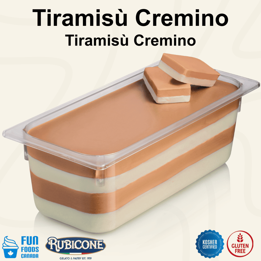 Rubicone Tiramisù Cremino for premium gelato layers and textures, featuring layered tiramisù cremino in a display pan topped with decorative cremino bars. Available in Canada from Fun Foods Canada.