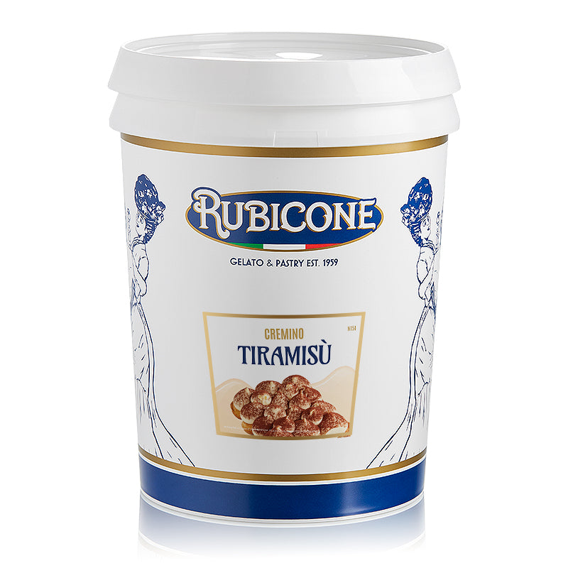 5 KG bucket of Rubicone Tiramisu Smooth Spreadable filling cream on a white background