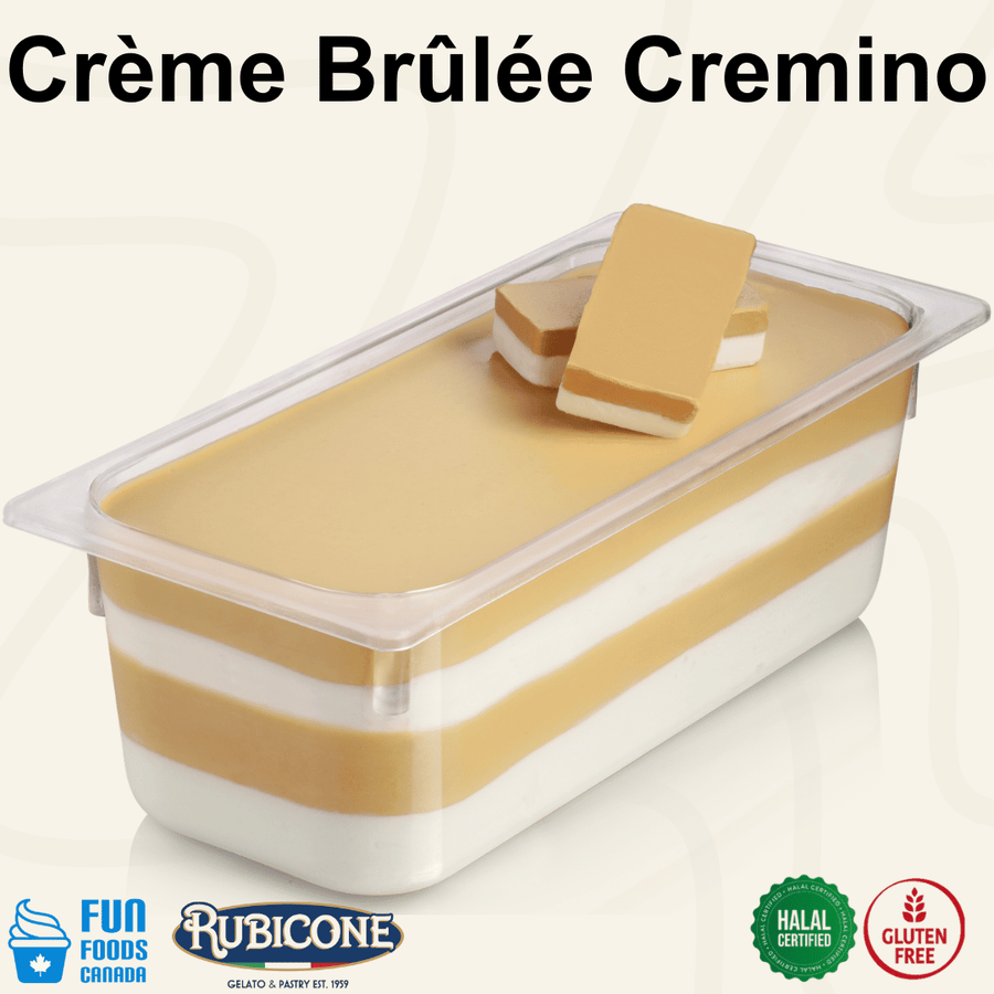 Rubicone Crème Brûlée Cremino for premium gelato layers and textures, featuring layered crème brûlée cremino in a smooth display pan with decorative cremino bars. Available in Canada from Fun Foods Canada.