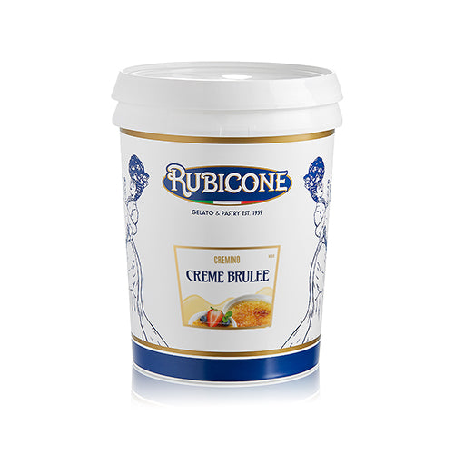 5 KG bucket of Rubicone Creme Brulee spreadable filling cream on a white background