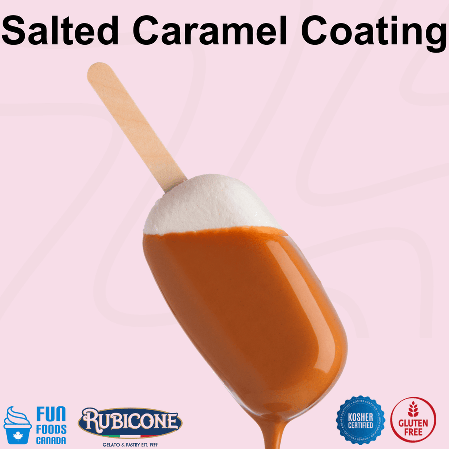Rubicone Salted Caramel Coating for gelato sticks, ice cream bars and frozen desserts, featuring a smooth caramel-coloured shell with a salted caramel flavour; gluten-free and Kosher certified.
