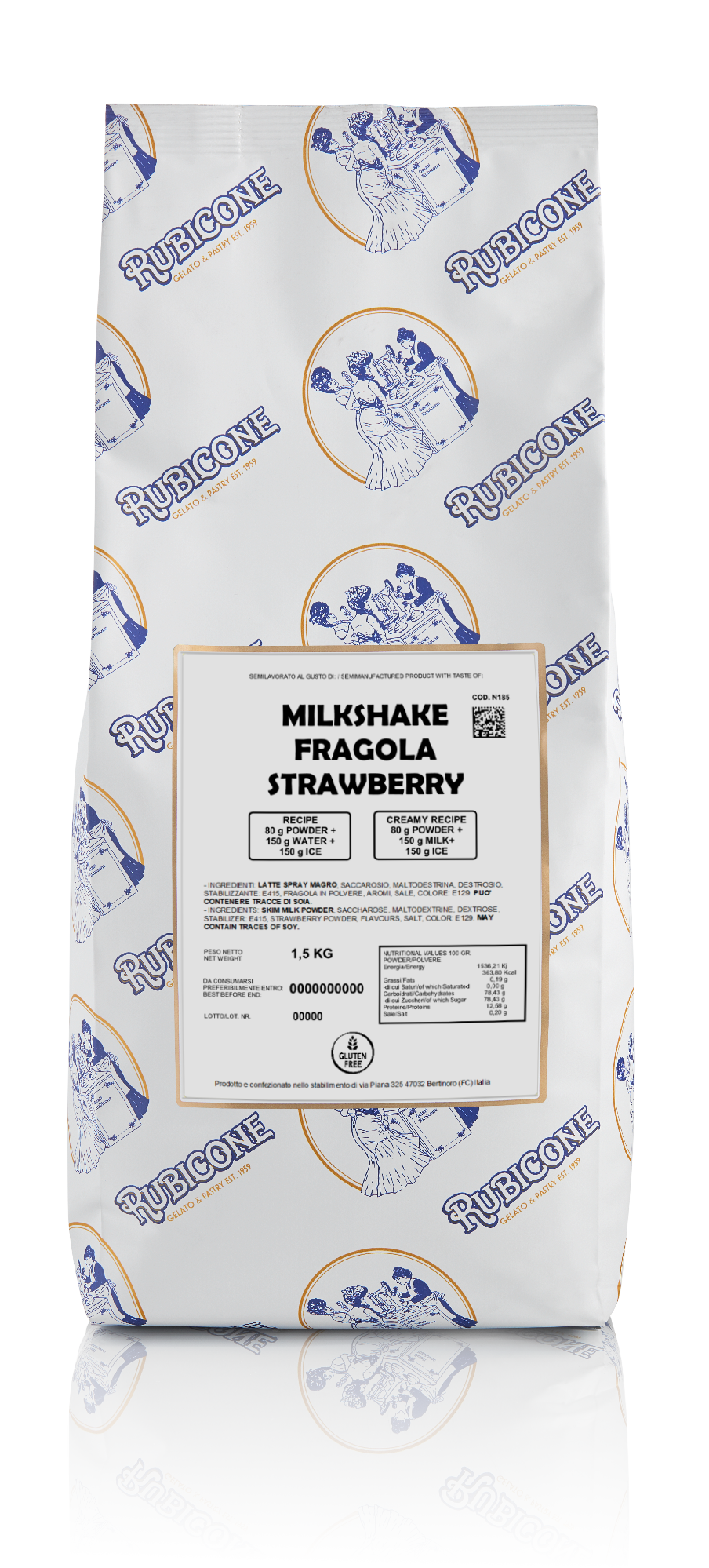 1.5 KG bag of Rubicone Strawberry Milkshake Ready to Use Powder Mix on a white background