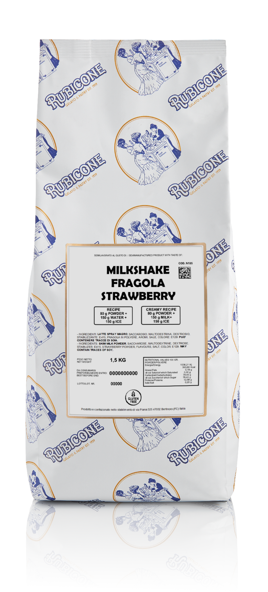 1.5 KG bag of Rubicone Strawberry Milkshake Ready to Use Powder Mix on a white background