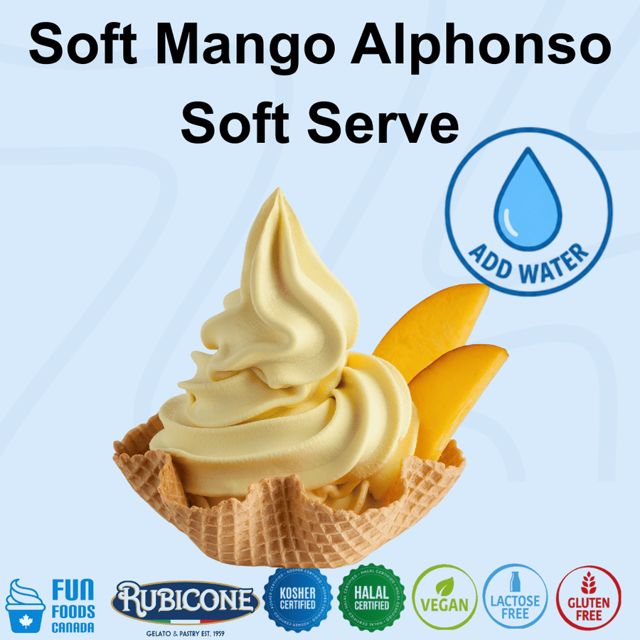 A promotional product graphic for Soft Mango Alphonso Soft Serve. The image shows a swirl of pale yellow soft serve in a waffle cone with two mango slices, on a light blue background. Certifications along the bottom read: Kosher, Halal, Vegan, Lactose-free, and Gluten-free