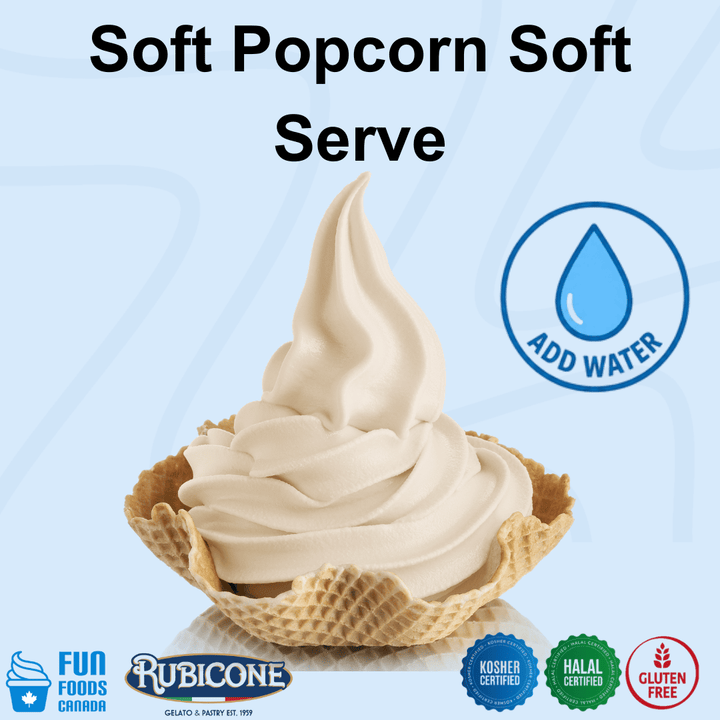 A swirl of soft, creamy popcorn soft serve in a waffle cone bowl on a light blue background, with large text reading 'Soft Popcorn Soft Serve' and an 'ADD WATER' icon. Brand logos for Fun Foods Canada and Rubicone appear at the bottom. Kosher, Halal, Gluten-free