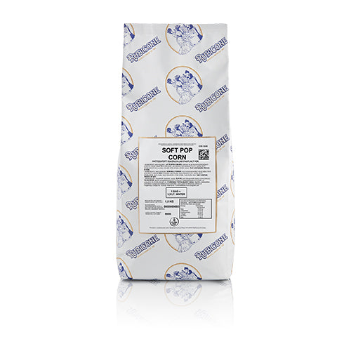 1.5 KG bag of Rubicone Soft Pop Corn Ready Powder Mix for Popcorn Flavoured Soft Serve Ice Cream on a white background