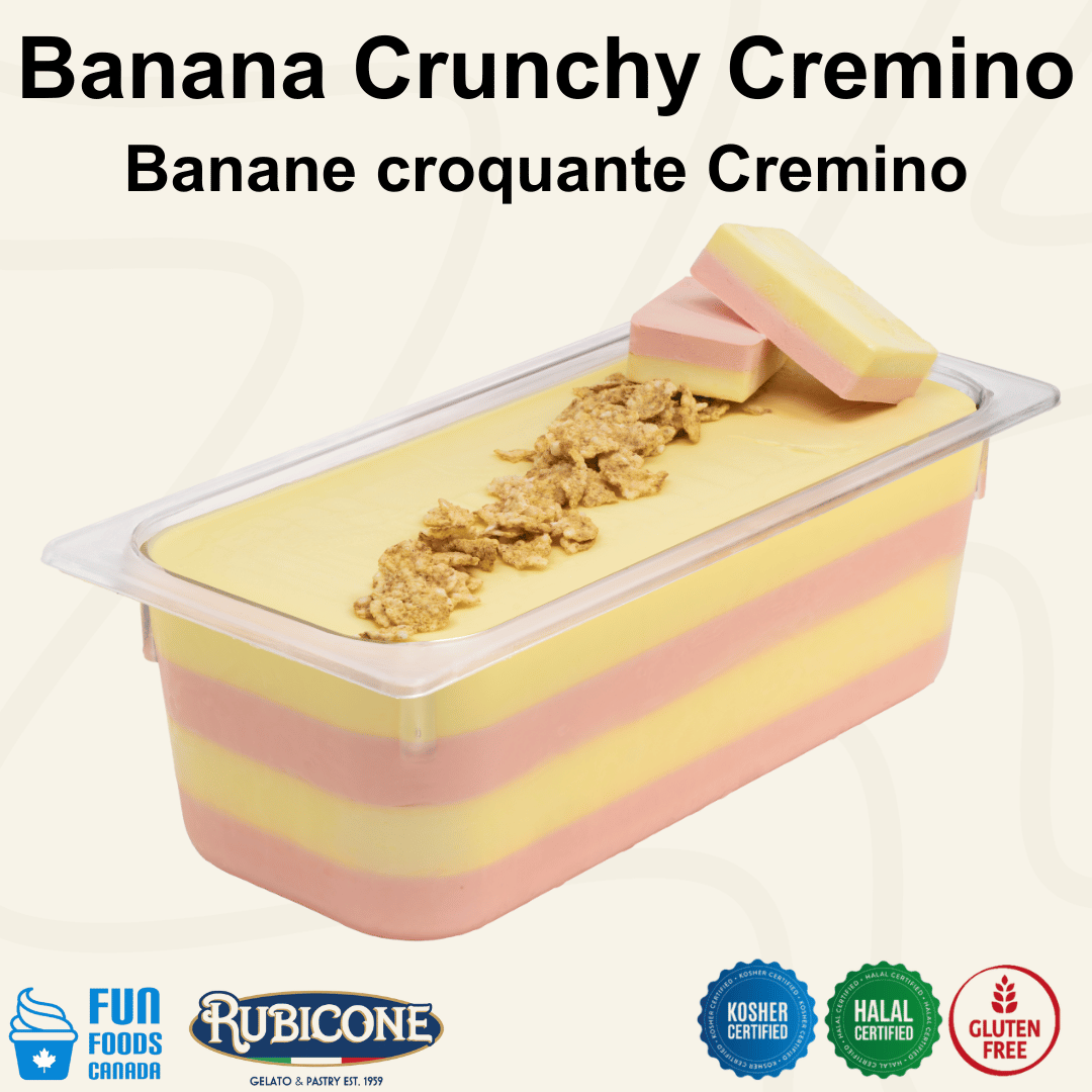 Rubicone Banana Crunchy Cremino for premium gelato layers and textures, featuring a layered banana cremino dessert in a display pan topped with crunchy cereal pieces and decorative cremino bars. Available in Canada from Fun Foods Canada.