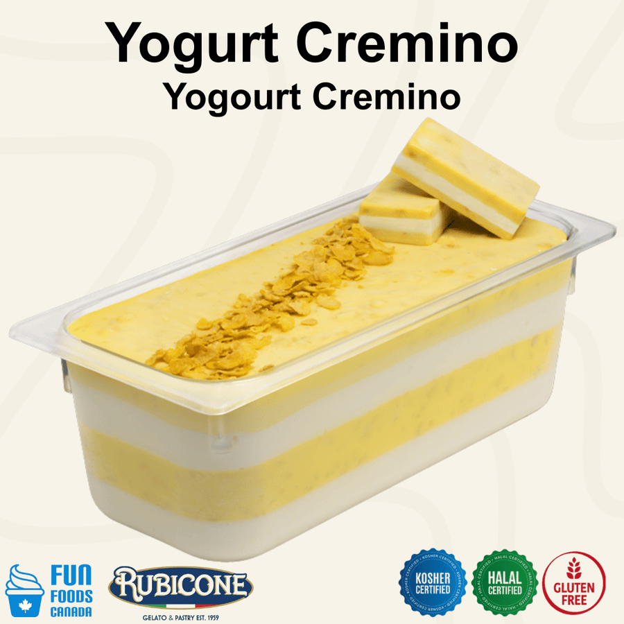Rubicone Yogurt Cremino for premium gelato layers and textures, featuring layered yogurt cremino in a display pan topped with crunchy cereal flakes and decorative cremino bars. Available in Canada from Fun Foods Canada.