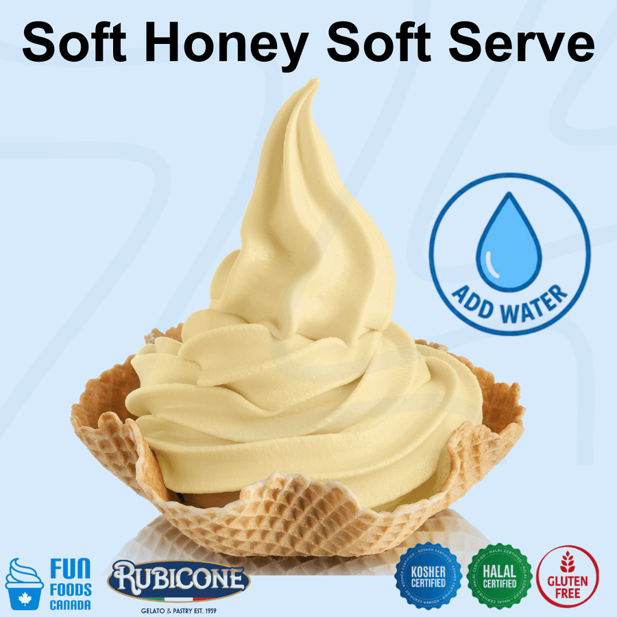 A swirl of pale honey-colored soft serve ice cream in a waffle cone, with large text reading 'Soft Honey Soft Serve' and icons for 'ADD WATER', 'FUN FOODS CARRA', 'RUBICONE', kosher certification, Halal certification, and gluten free.