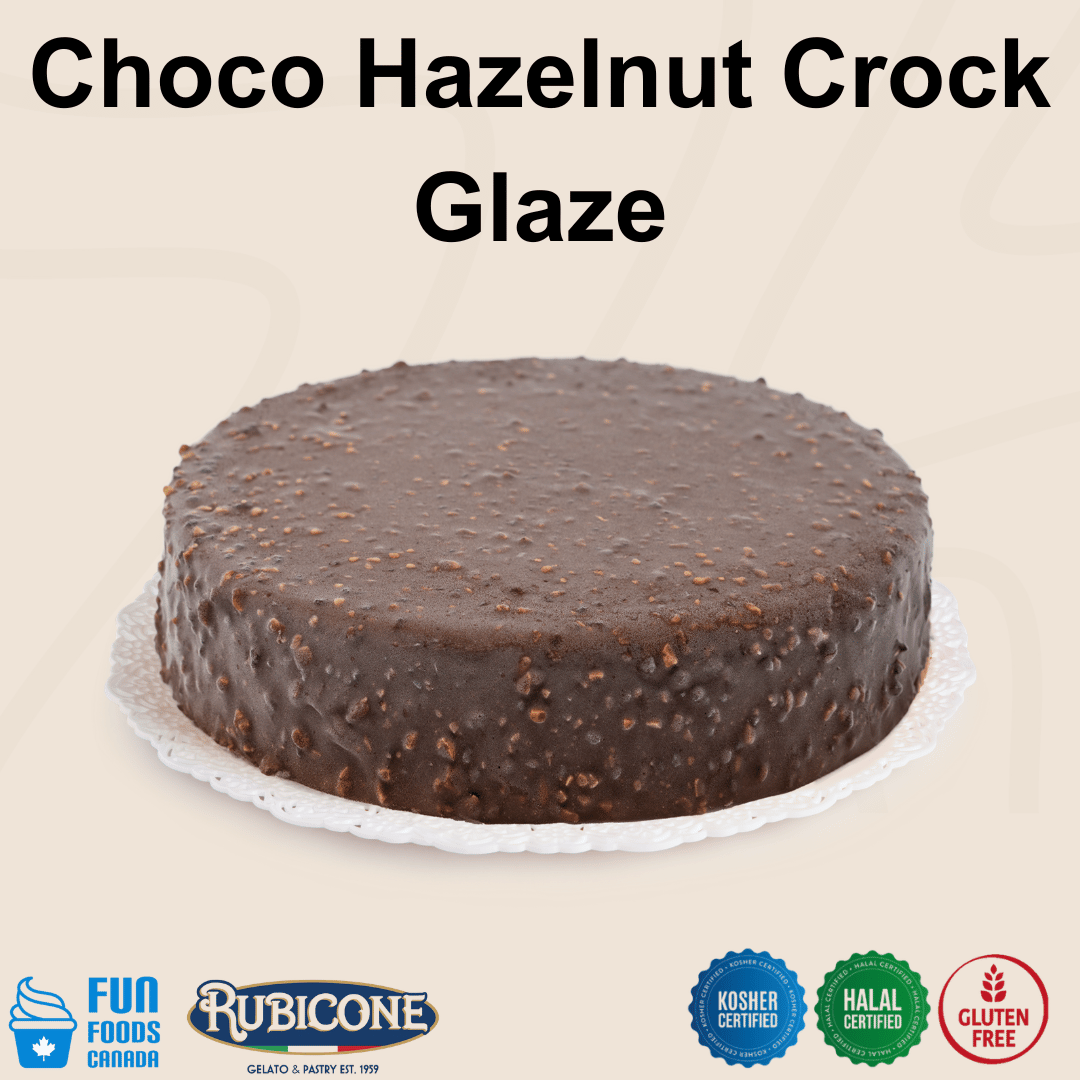 Rubicone Choco Hazelnut Crock Glaze for cakes and pastry desserts, featuring a chocolate hazelnut coating with crunchy pieces for a textured finish. Kosher, Halal and Gluten-Free certified.

