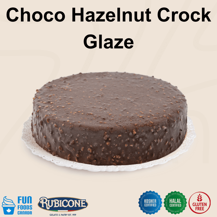Rubicone Choco Hazelnut Crock Glaze for cakes and pastry desserts, featuring a chocolate hazelnut coating with crunchy pieces for a textured finish. Kosher, Halal and Gluten-Free certified.
