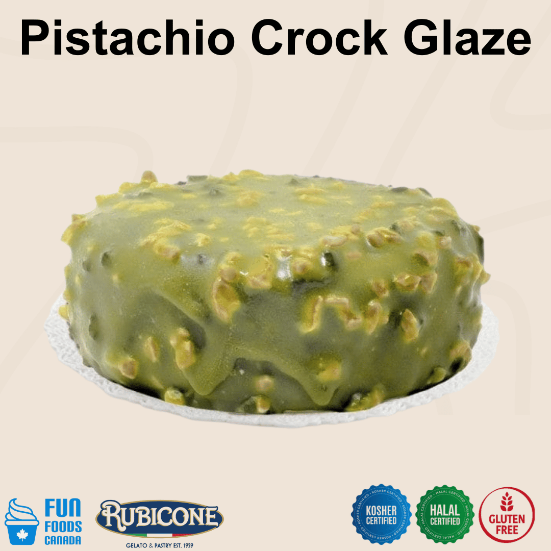 Rubicone Pistachio Crock Glaze for cakes and pastry desserts, featuring a rich pistachio coating with crunchy pistachio pieces. Kosher, Halal and Gluten-Free certified.
