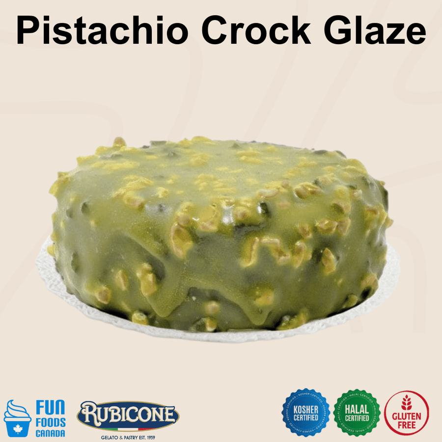 Rubicone Pistachio Crock Glaze for cakes and pastry desserts, featuring a rich pistachio coating with crunchy pistachio pieces. Kosher, Halal and Gluten-Free certified.
