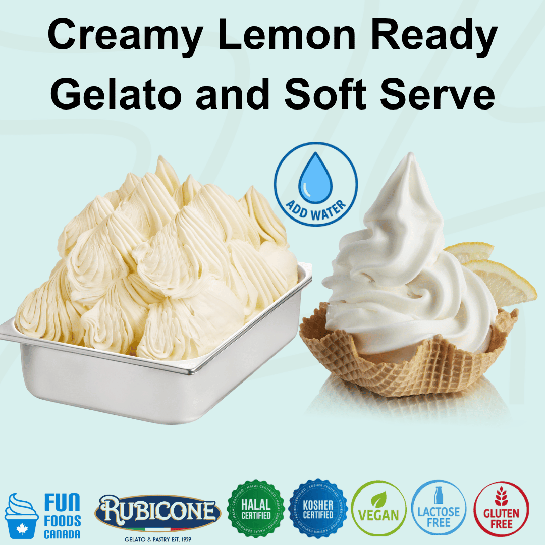 Rubicone Creamy Lemon Ready Gelato and Soft Serve mix – smooth, creamy lemon-flavoured add-water mix for commercial gelato and soft serve machines in Canada. Halal certified, Kosher certified, vegan, lactose-free and gluten-free.