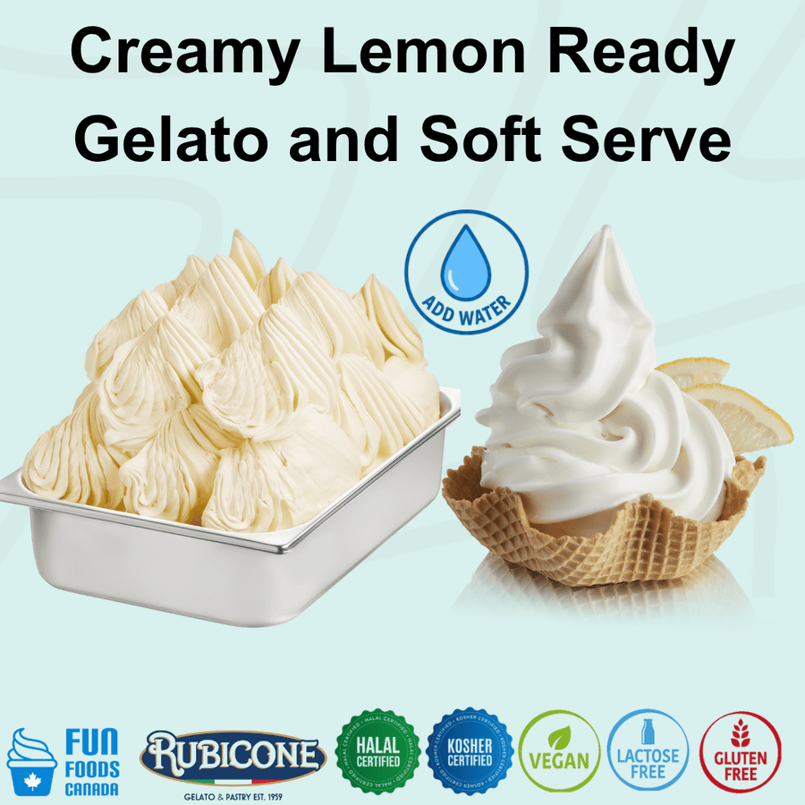 Rubicone Creamy Lemon Ready Gelato and Soft Serve mix – smooth, creamy lemon-flavoured add-water mix for commercial gelato and soft serve machines in Canada. Halal certified, Kosher certified, vegan, lactose-free and gluten-free.
