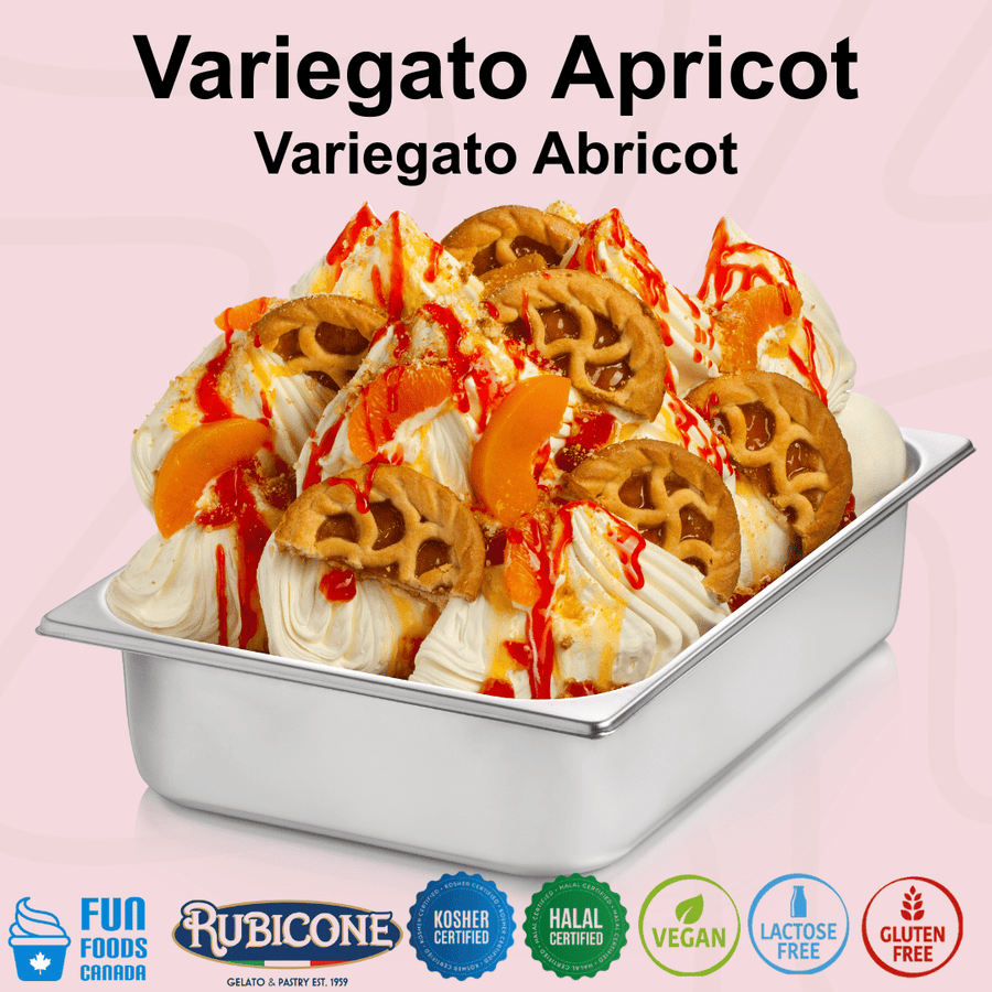 Rubicone Variegato Apricot gelato variegate featuring sweet apricot sauce with apricot pieces. Ideal for gelato, ice cream, frozen yogurt and desserts. Kosher, Halal, vegan, lactose free and gluten free.