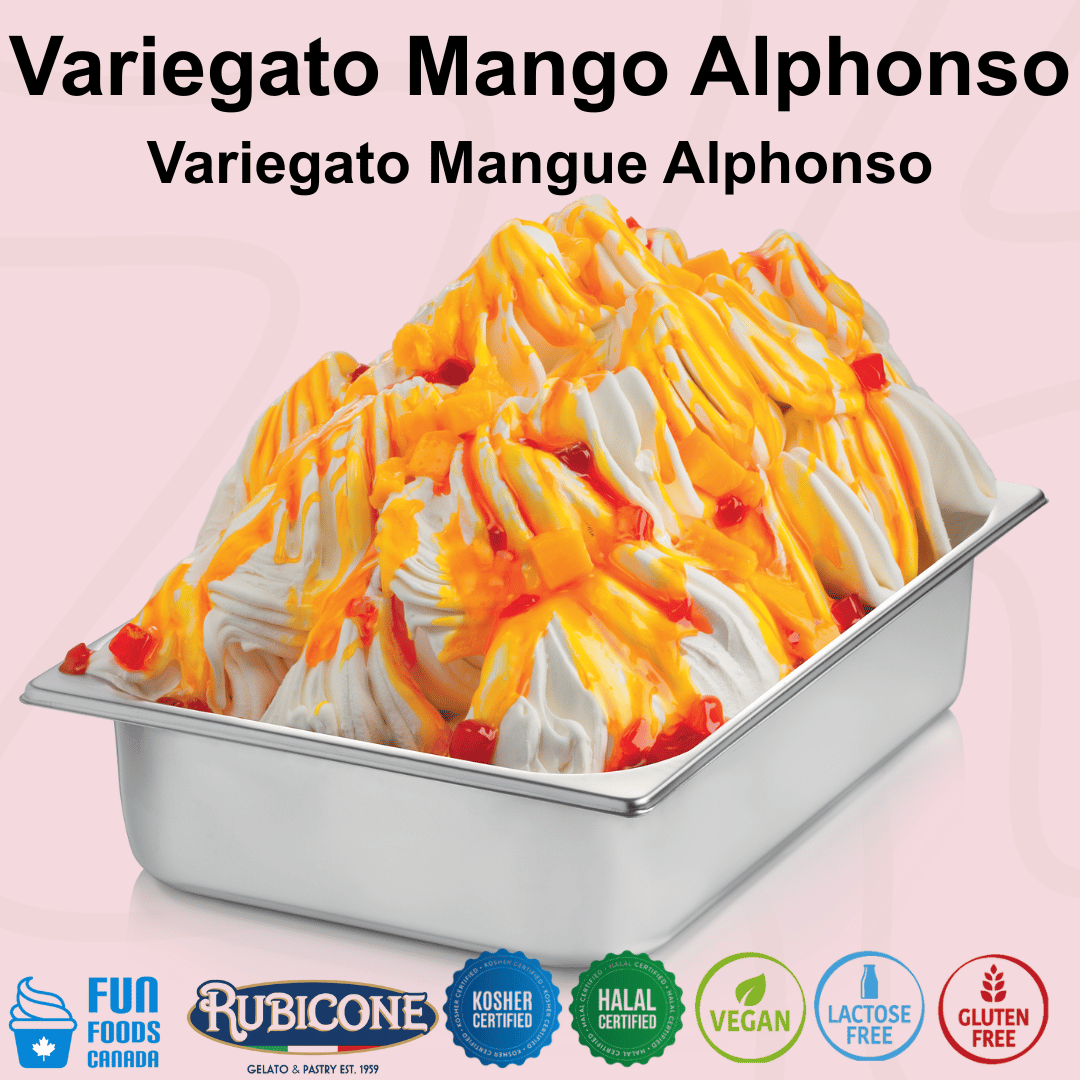 Rubicone Variegato Mango Alphonso gelato variegate featuring premium Alphonso mango sauce with juicy mango pieces. Ideal for gelato, ice cream, frozen yogurt and desserts. Kosher, Halal, vegan, lactose free and gluten free.
