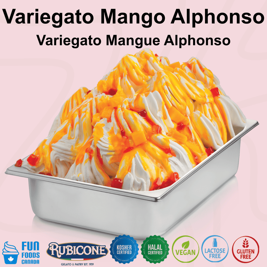 Rubicone Variegato Mango Alphonso gelato variegate featuring premium Alphonso mango sauce with juicy mango pieces. Ideal for gelato, ice cream, frozen yogurt and desserts. Kosher, Halal, vegan, lactose free and gluten free.