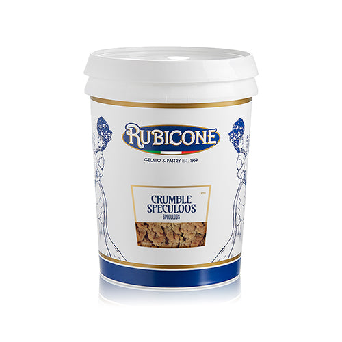 4 KG bucket of Rubicone Crumble Speculoos (cookie butter crumble) on a white background