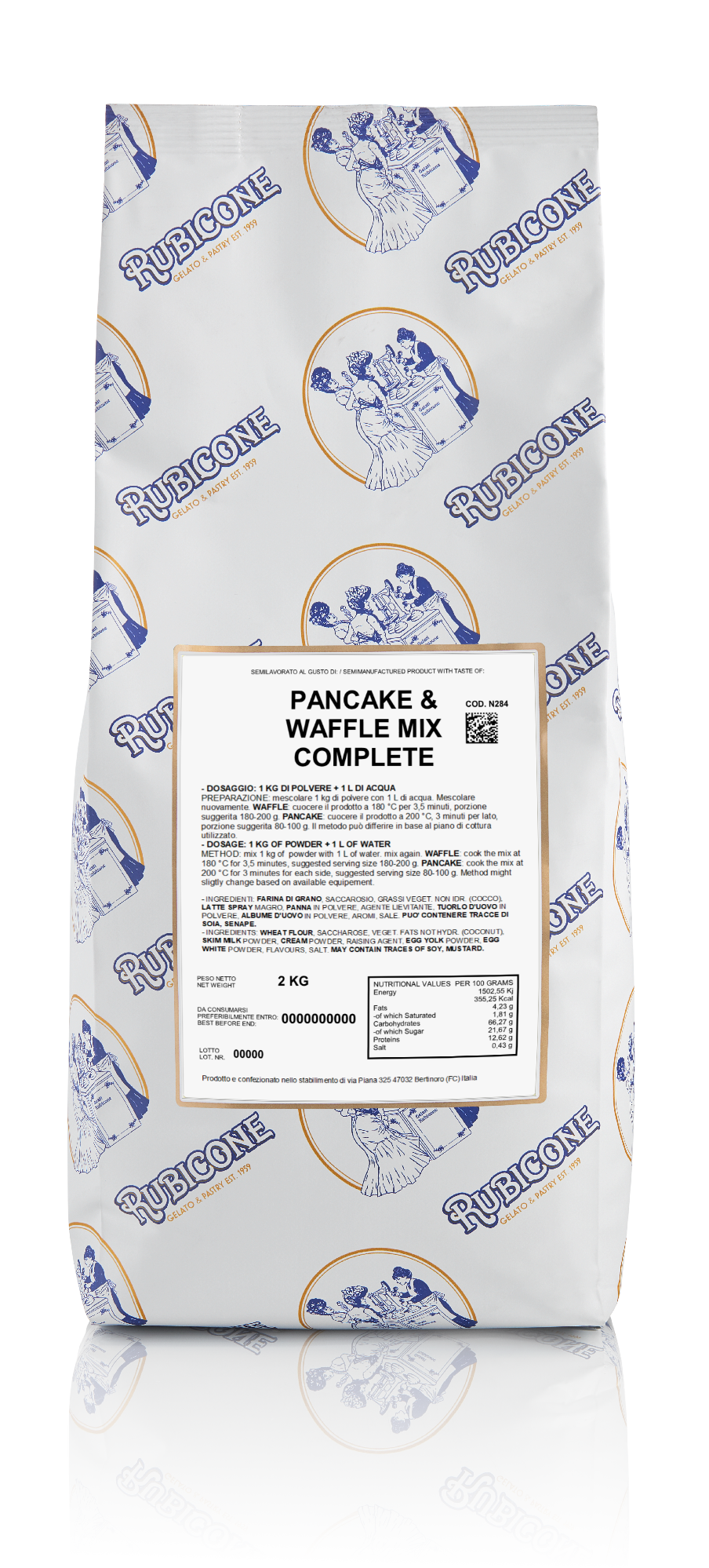 2 KG bag of Rubicone Complete Pancake and Waffle Mix on a white background