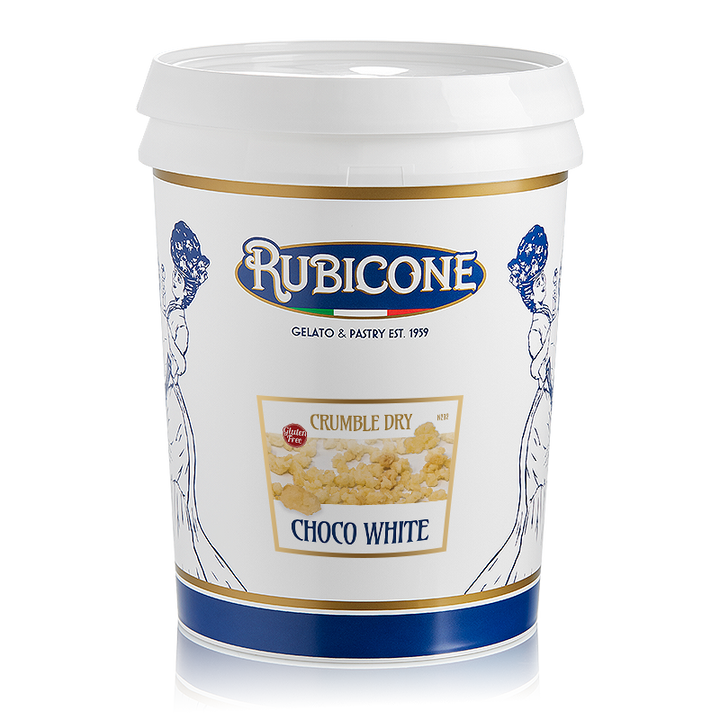 3 KG container of Rubicone Crumble Dry White Chocolate on a white background