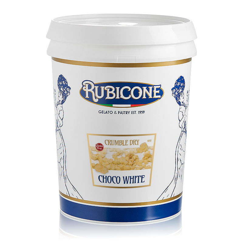 3 KG container of Rubicone Crumble Dry White Chocolate on a white background