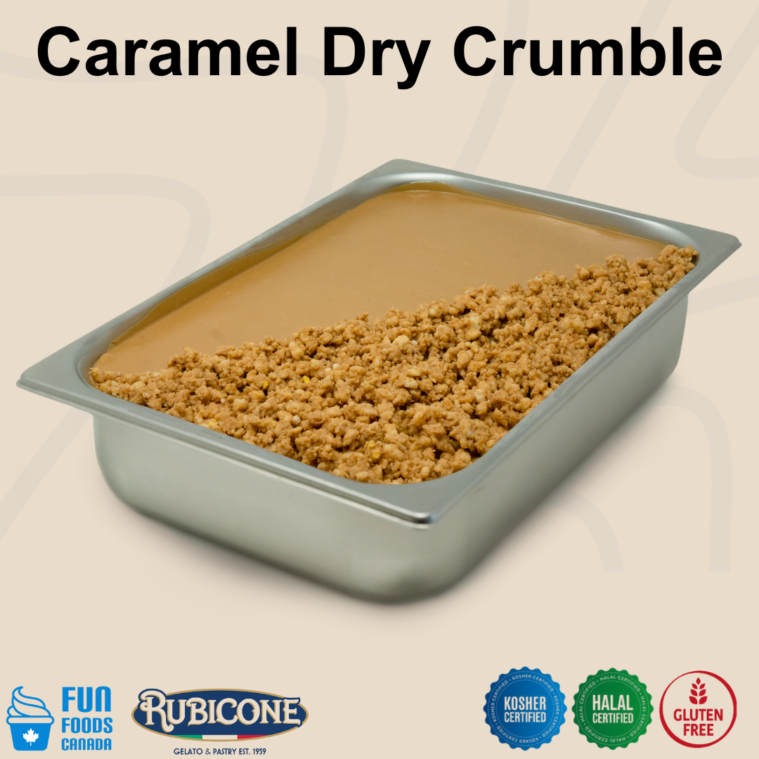 A rectangular metal baking pan filled with caramel dry crumble, shown on a light beige background with the text 'Caramel Dry Crumble' at the top and Fun Foods Canada / Rubicone certification logos at the bottom.