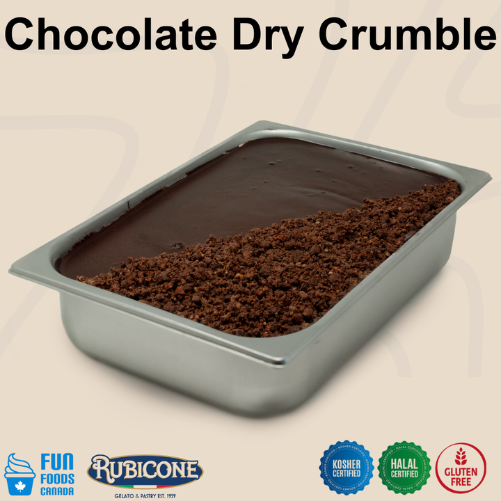 Chocolate dry crumble in a rectangular metal baking pan, with the text 'Chocolate Dry Crumble' at the top and Fun Foods Canada / Rubicone branding plus kosher, halal, and gluten-free badges at the bottom.