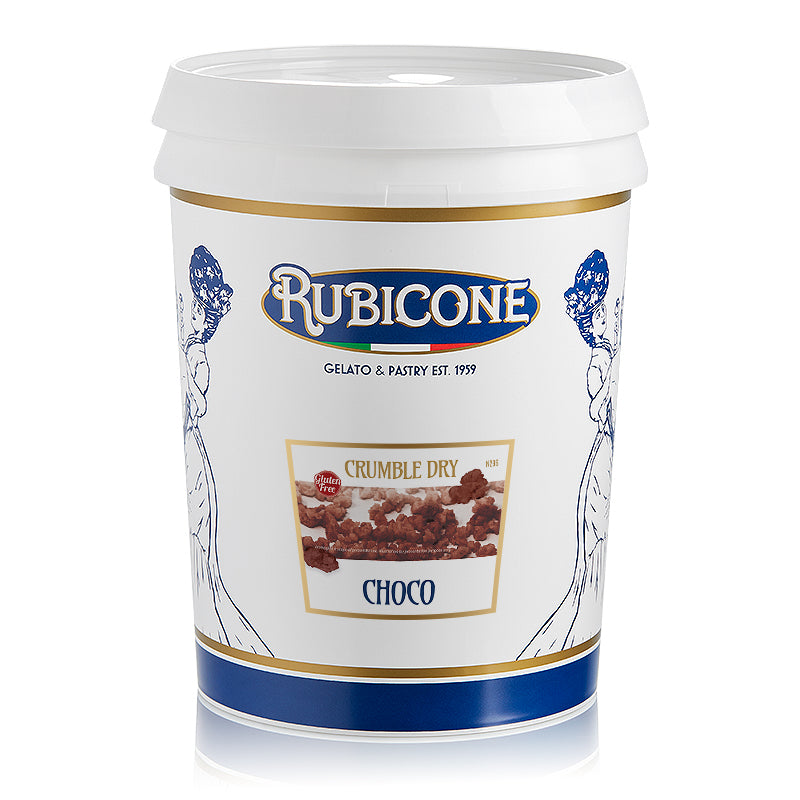 Rubicone chocolate crumble dry product container on a white background