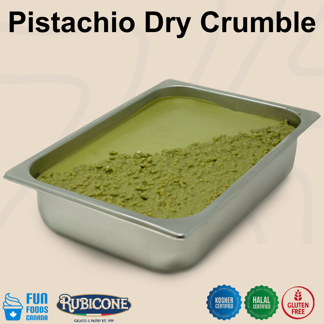 Pistachio dry crumble in a stainless steel food pan, with the text 'Pistachio Dry Crumble' at the top and Fun Foods Canada, Rubicone, kosher certified, halal certified, and gluten free badges at the bottom.
