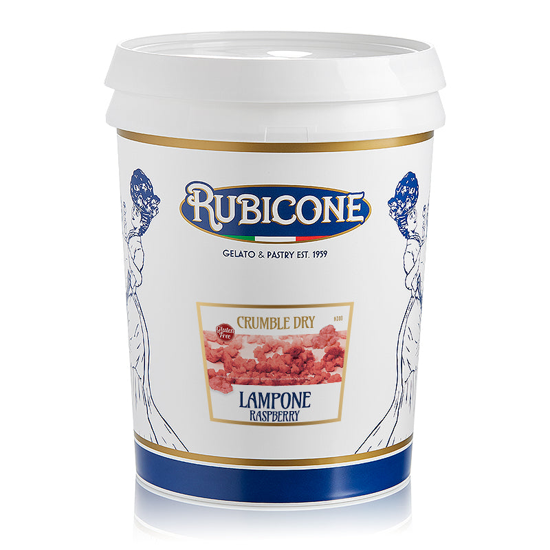 Rubicone Raspberry Dry crumble 3 Kg bucket on a white background by Rubicone Canada
