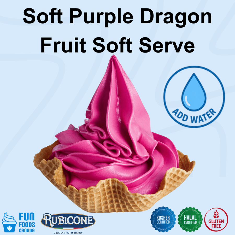 A promotional product graphic for Rubicone Soft Purple Dragon Fruit Soft Serve. The image shows a swirl of bright magenta-pink soft serve in a waffle cone against a light blue background, with text reading 'Soft Purple Dragon Fruit Soft Serve' and an 'ADD WATER' icon.