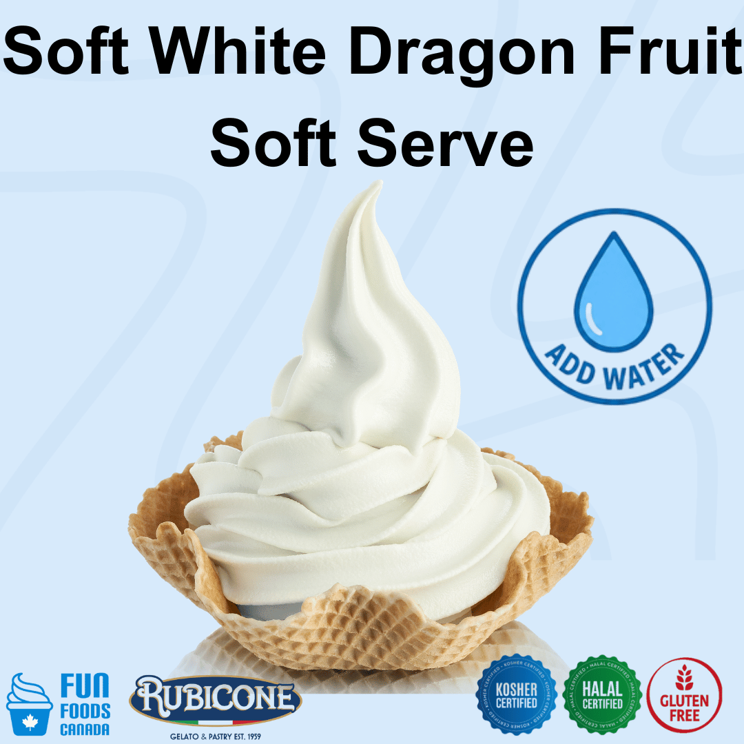 A swirl of soft white fruit sorbet served in a waffle cone bowl on a light blue background, with large text reading 'Soft White Dragon Fruit Soft Serve,' an 'ADD WATER' icon, and product badges including Fun Foods Canada, Rubicone, kosher certified, halal certified, and gluten free.