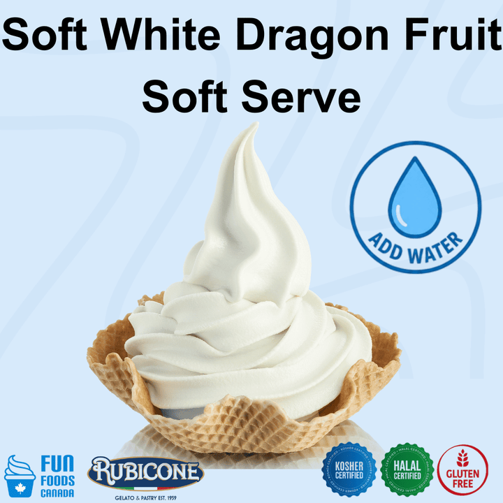 A swirl of soft white fruit sorbet served in a waffle cone bowl on a light blue background, with large text reading 'Soft White Dragon Fruit Soft Serve,' an 'ADD WATER' icon, and product badges including Fun Foods Canada, Rubicone, kosher certified, halal certified, and gluten free.