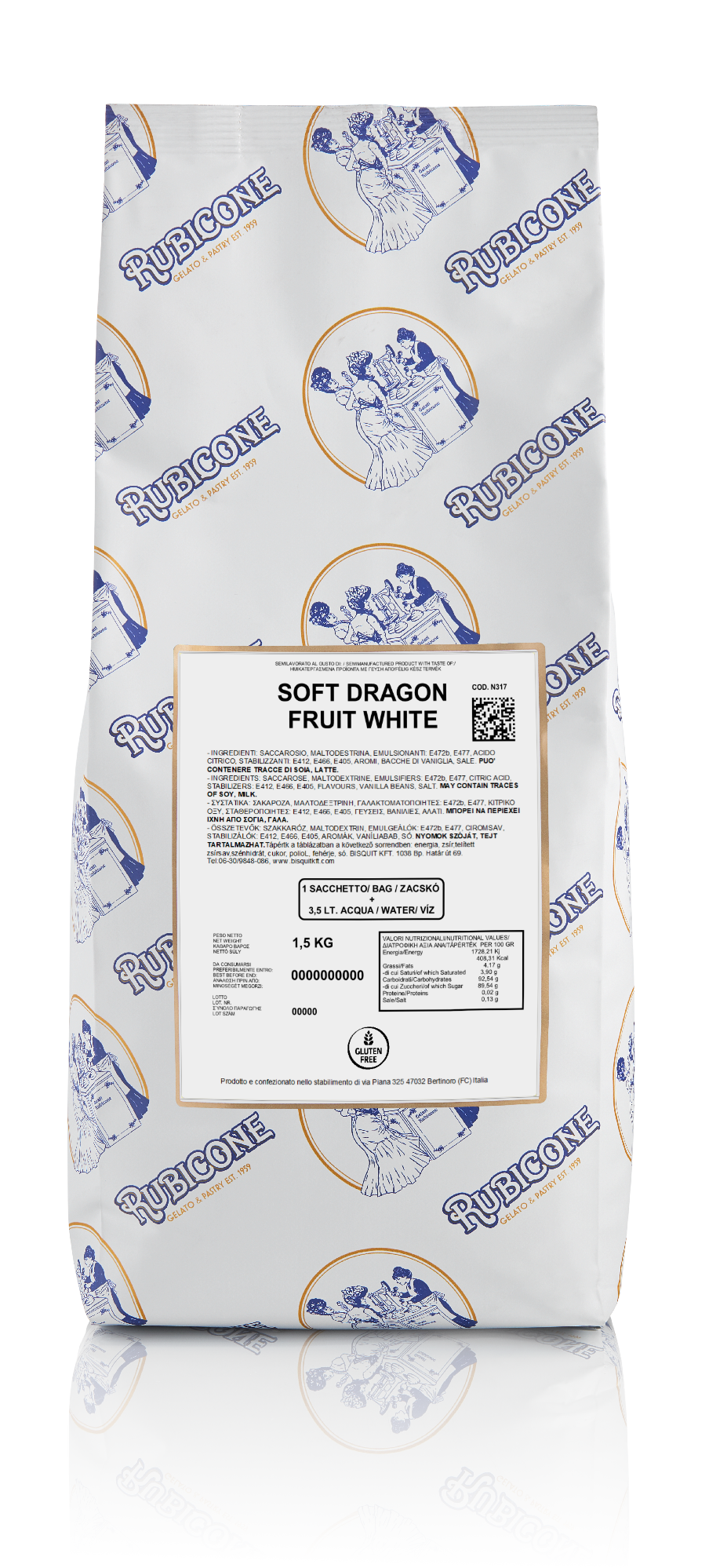 1.5 KG packaging of Rubicone Soft Dragon Fruit White - Ready base for soft serve ice cream with dragon fruit flavour and white in colour on a white background