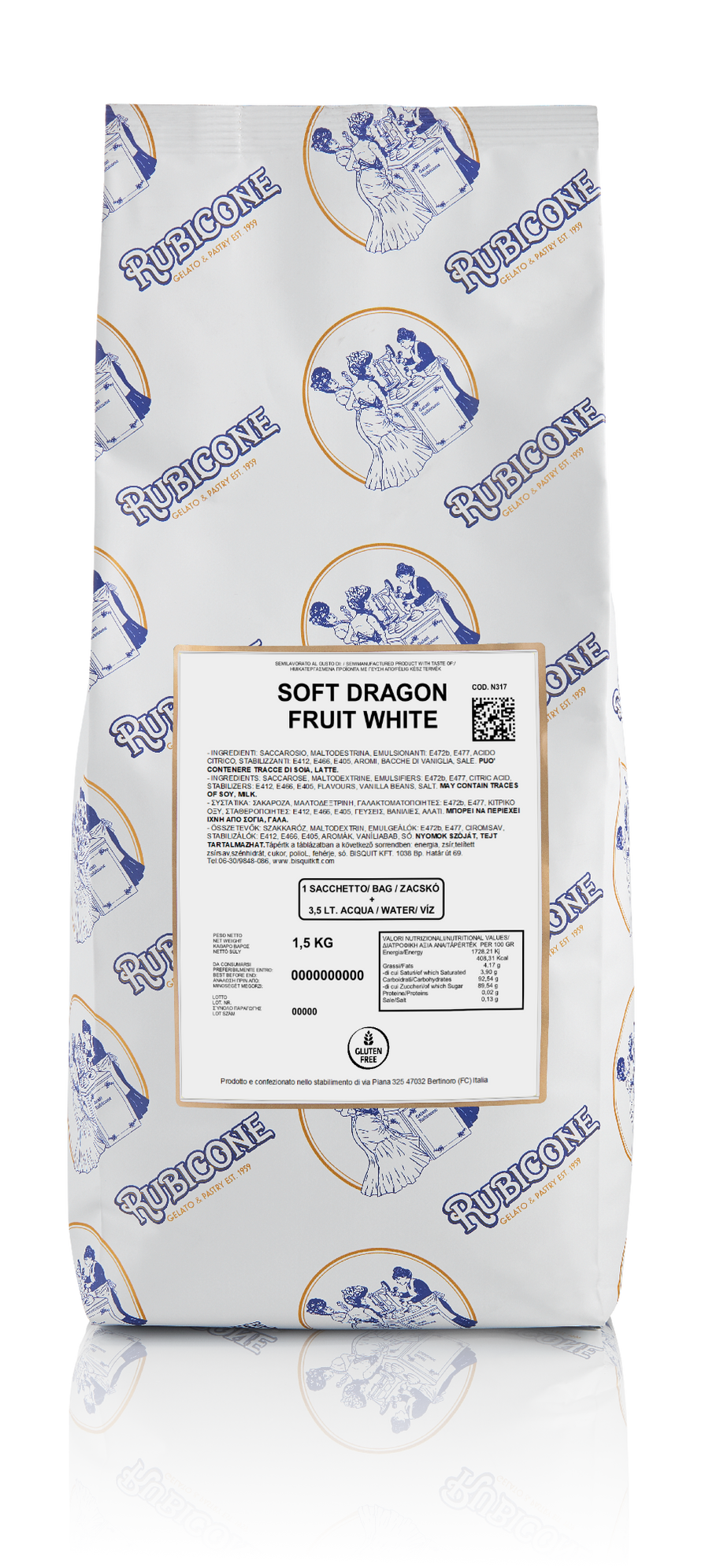 1.5 KG packaging of Rubicone Soft Dragon Fruit White - Ready base for soft serve ice cream with dragon fruit flavour and white in colour on a white background