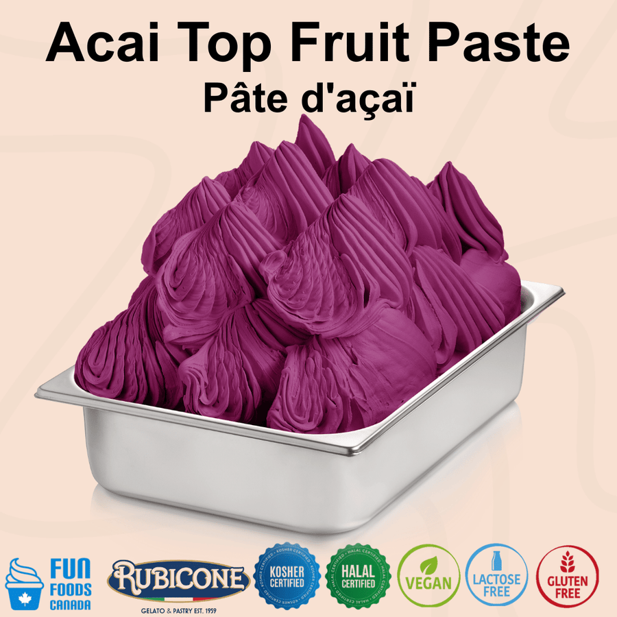 Rubicone Acai Top Fruit Paste for authentic Italian gelato, shown as vibrant purple açaí gelato with a smooth, creamy texture in a display pan.