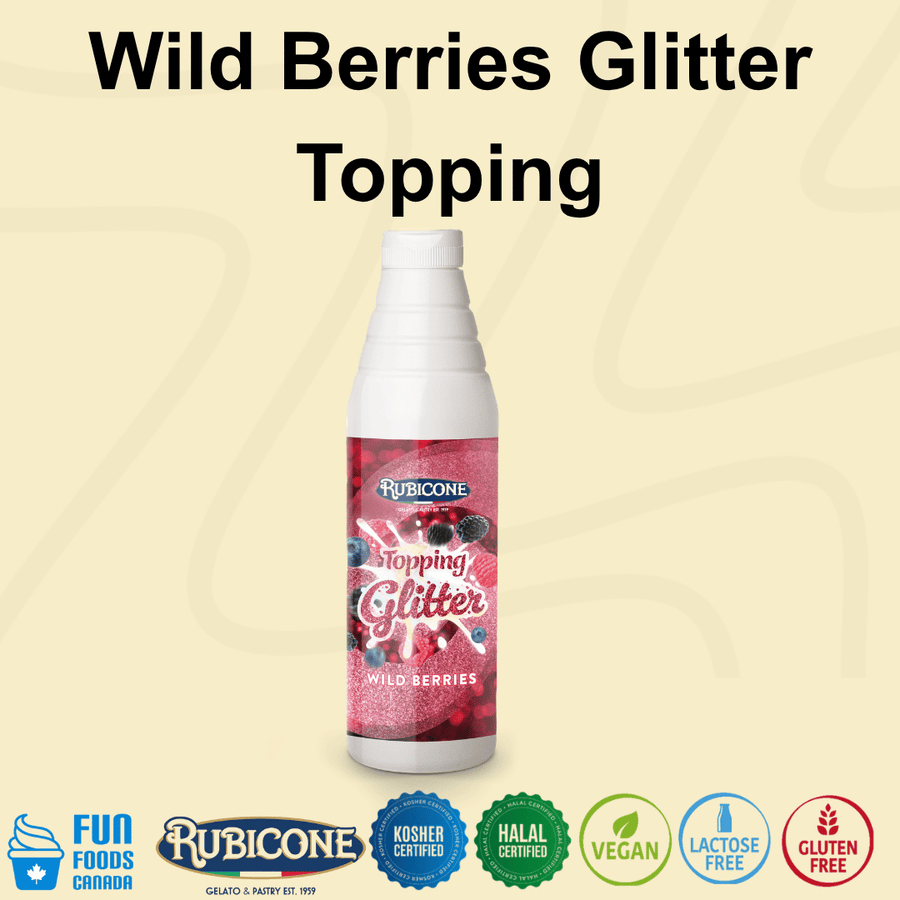 Rubicone Wild Berries Glitter Topping, a vibrant mixed berry dessert sauce with an eye-catching glitter effect, ideal for decorating gelato, ice cream, frozen yogurt, milkshakes, pastries and desserts. Kosher, Halal, Vegan, Lactose Free and Gluten Free.