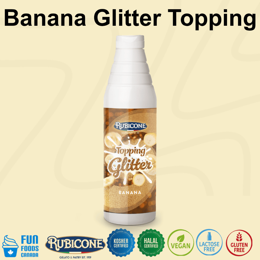 Rubicone Banana Glitter Topping, a sweet banana-flavoured dessert sauce with a shimmering glitter effect for decorating gelato, ice cream, frozen yogurt, milkshakes, pastries and desserts. Kosher, Halal, Vegan, Lactose-Free and Gluten-Free.
