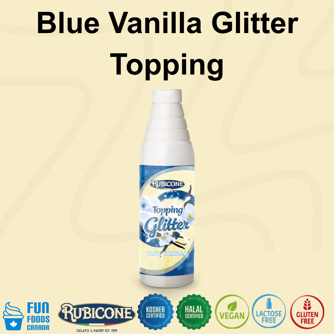 Rubicone Blue Vanilla Glitter Topping, a blue vanilla-flavoured dessert sauce with a shimmering glitter effect for decorating gelato, ice cream, frozen yogurt, milkshakes, pastries and desserts. Kosher, Halal, Vegan, Lactose-Free and Gluten-Free.

