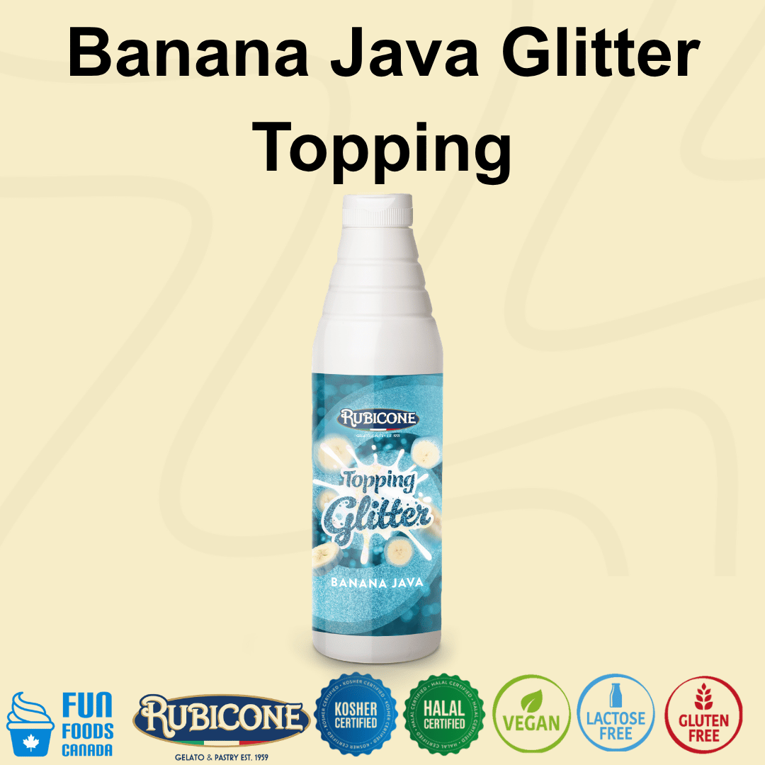 Rubicone Banana Java Glitter Topping, a banana-flavoured dessert sauce with a vibrant blue shimmering glitter effect for decorating gelato, ice cream, frozen yogurt, milkshakes, pastries and desserts. Kosher, Halal, Vegan, Lactose-Free and Gluten-Free.
